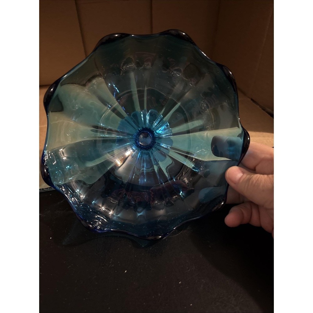 Vintage 7" L.E. Smith Glass Colonial Blue 9 Petal Compote Pedestal Bowl MCM
